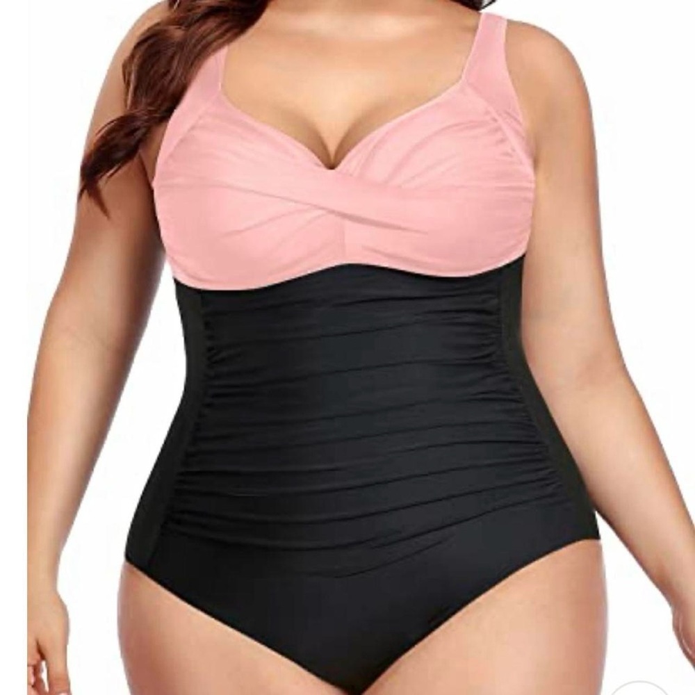 Yonique • One Piece Tummy Control Twist Front Ruched Pink And Black Swimsuit